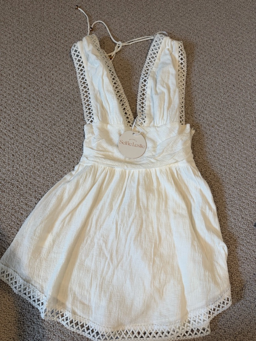 Selfie Leslie White Crochet-Trim Tie-Back Dress